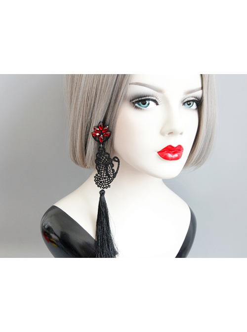 Creative Exaggerated Fashion Black Butterfly Tassel Ruby Halloween Party Long Earrings