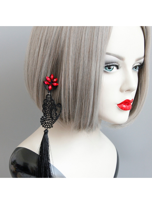 Creative Exaggerated Fashion Black Butterfly Tassel Ruby Halloween Party Long Earrings