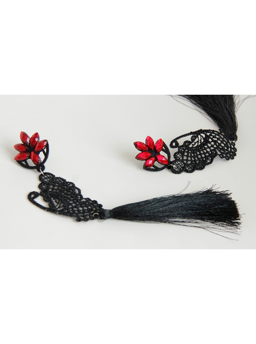 Creative Exaggerated Fashion Black Butterfly Tassel Ruby Halloween Party Long Earrings
