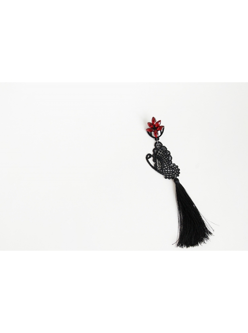 Creative Exaggerated Fashion Black Butterfly Tassel Ruby Halloween Party Long Earrings