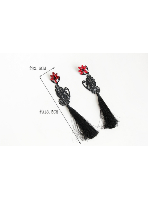 Creative Exaggerated Fashion Black Butterfly Tassel Ruby Halloween Party Long Earrings