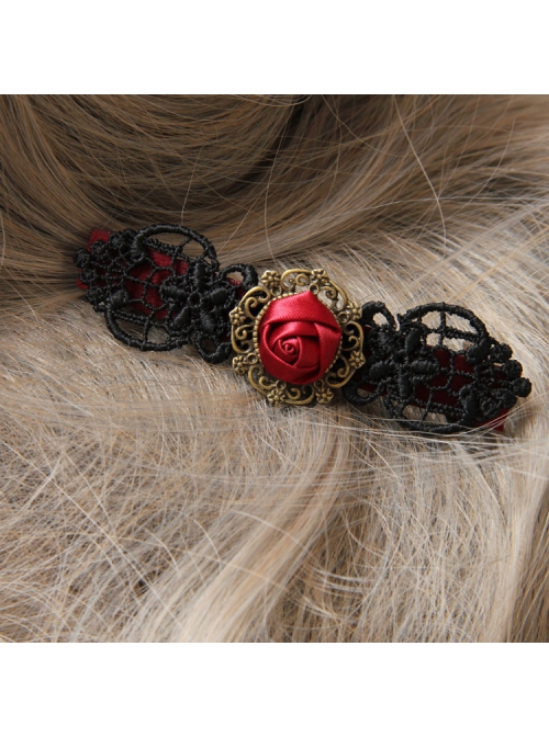 Gothic Fashion Personality Vampire Bride Black Lace Red Rose Flower Retro Handmade Hairpin