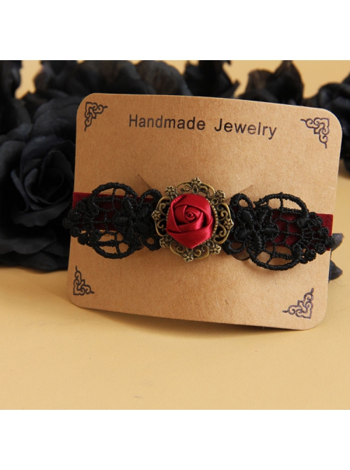 Gothic Fashion Personality Vampire Bride Black Lace Red Rose Flower Retro Handmade Hairpin
