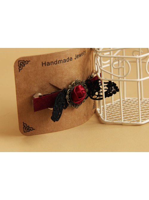 Gothic Fashion Personality Vampire Bride Black Lace Red Rose Flower Retro Handmade Hairpin