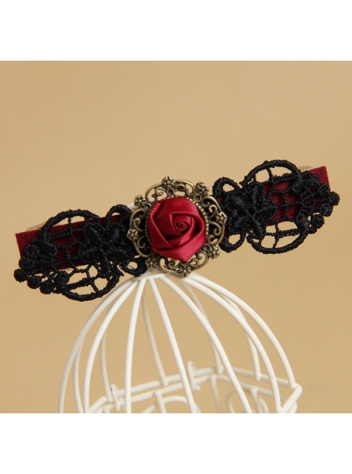Gothic Fashion Personality Vampire Bride Black Lace Red Rose Flower Retro Handmade Hairpin