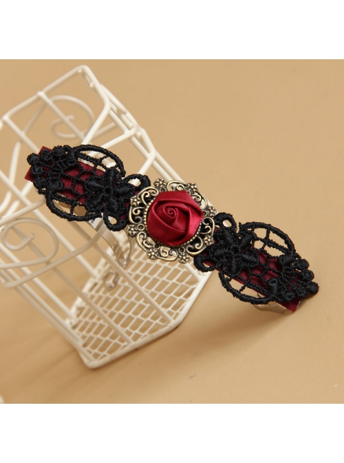 Gothic Fashion Personality Vampire Bride Black Lace Red Rose Flower Retro Handmade Hairpin