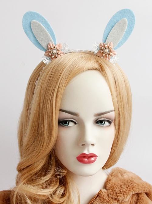 Cute Fashion Thanksgiving Christmas Blue Bunny Ears Pink Flowers White Lace All-Match Party Headband