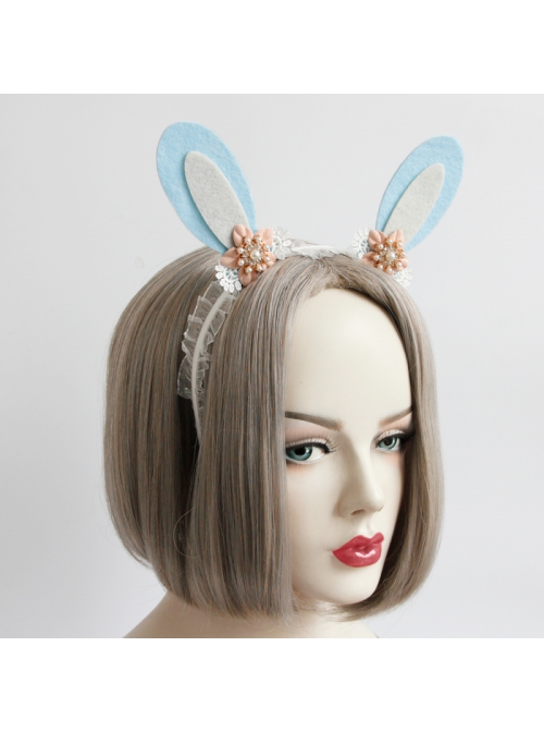 Cute Fashion Thanksgiving Christmas Blue Bunny Ears Pink Flowers White Lace All-Match Party Headband