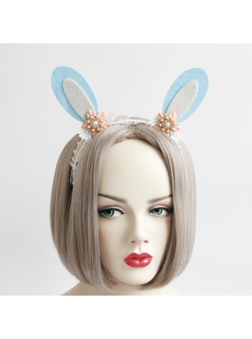 Cute Fashion Thanksgiving Christmas Blue Bunny Ears Pink Flowers White Lace All-Match Party Headband