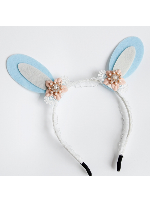 Cute Fashion Thanksgiving Christmas Blue Bunny Ears Pink Flowers White Lace All-Match Party Headband