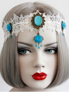 Baroque Fashion Personality Retro Bride Wide White Lace Sapphire Rose Headband