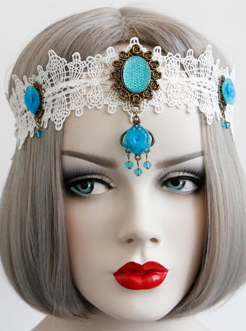 Baroque Fashion Personality Retro Bride Wide White Lace Sapphire Rose Headband