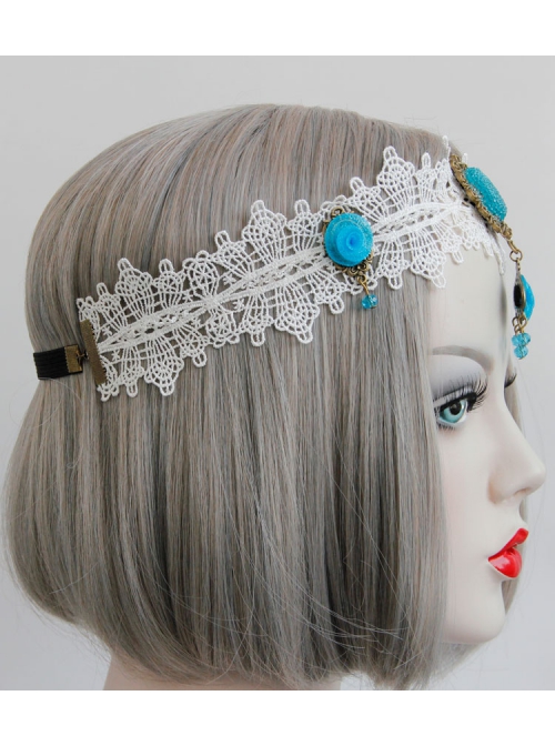 Baroque Fashion Personality Retro Bride Wide White Lace Sapphire Rose Headband