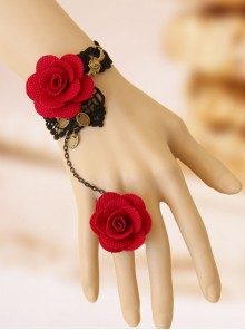 Gothic Fashion Black Retro Lace Red Rose Flower Female Bracelet Ring One Chain