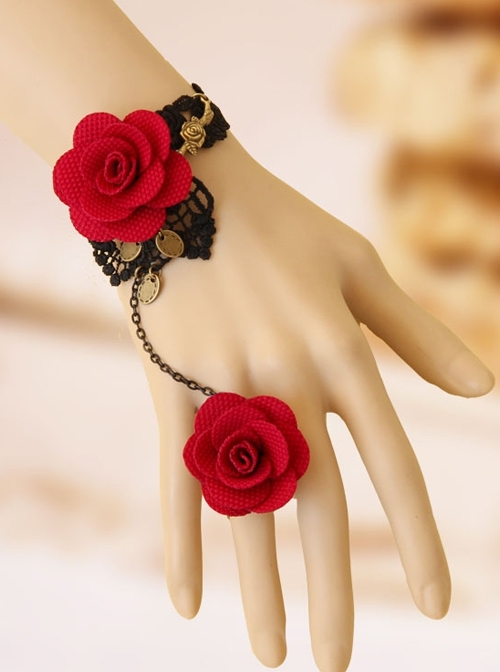 Gothic Fashion Black Retro Lace Red Rose Flower Female Bracelet Ring One Chain