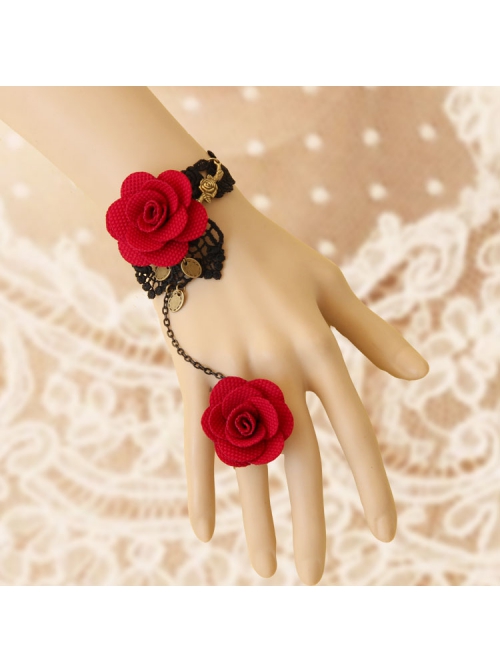 Gothic Fashion Black Retro Lace Red Rose Flower Female Bracelet Ring One Chain