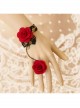 Gothic Fashion Black Retro Lace Red Rose Flower Female Bracelet Ring One Chain