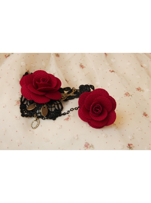 Gothic Fashion Black Retro Lace Red Rose Flower Female Bracelet Ring One Chain