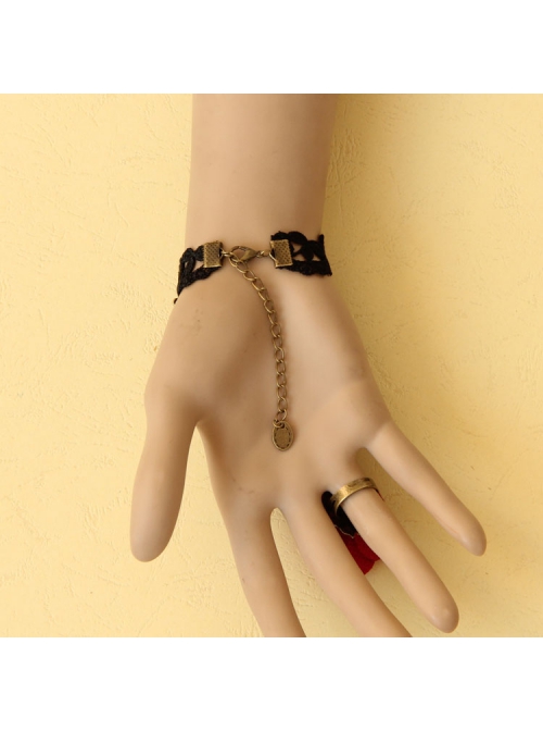 Gothic Fashion Black Retro Lace Red Rose Flower Female Bracelet Ring One Chain