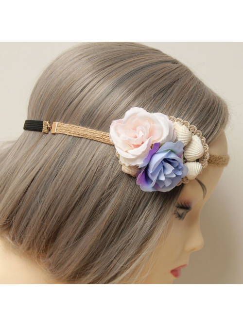 Fashion Personality Seaside Beach Vacation Shell Purple Flowers Straw Rope Hair Band