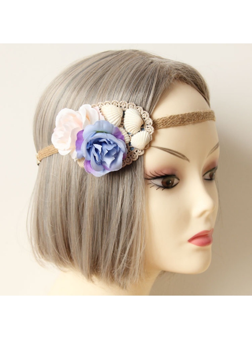Fashion Personality Seaside Beach Vacation Shell Purple Flowers Straw Rope Hair Band