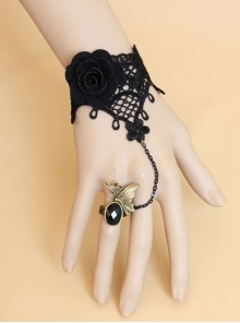 Retro Fashion Female Gothic Black Rose Flower Lace Bridesmaid Bracelet With Ring One Chain