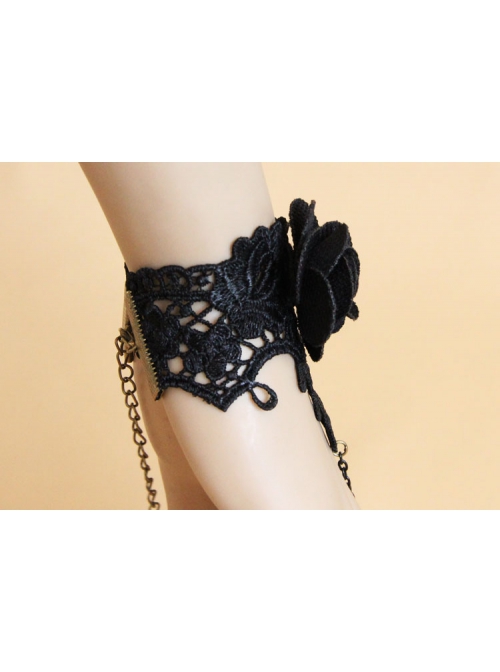 Retro Fashion Female Gothic Black Rose Flower Lace Bridesmaid Bracelet With Ring One Chain
