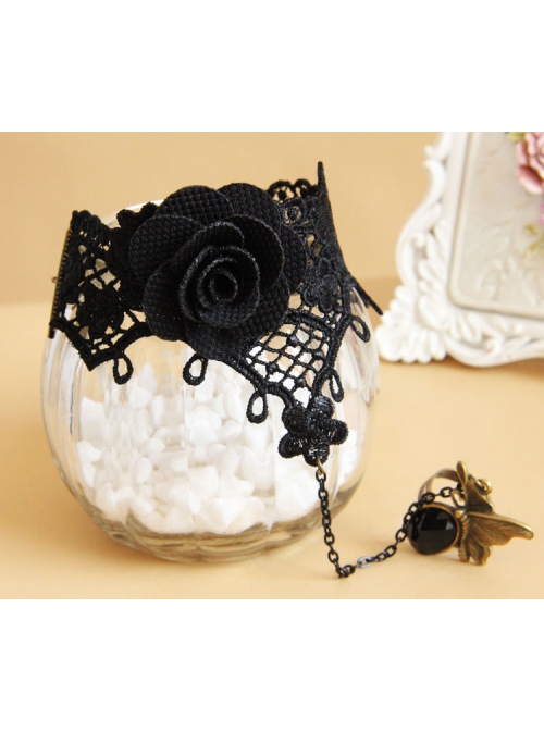 Retro Fashion Female Gothic Black Rose Flower Lace Bridesmaid Bracelet With Ring One Chain