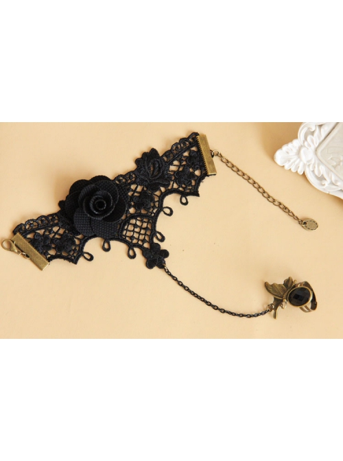 Retro Fashion Female Gothic Black Rose Flower Lace Bridesmaid Bracelet With Ring One Chain