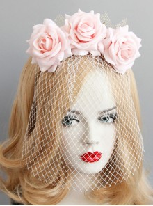 Fashion Personality Bride Bridesmaid Wedding Pink Mesh Rose Flower Blindfold Veil Headband