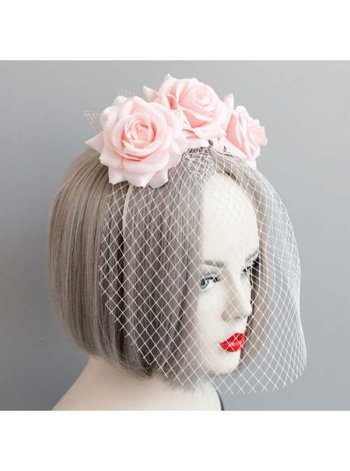 Fashion Personality Bride Bridesmaid Wedding Pink Mesh Rose Flower Blindfold Veil Headband