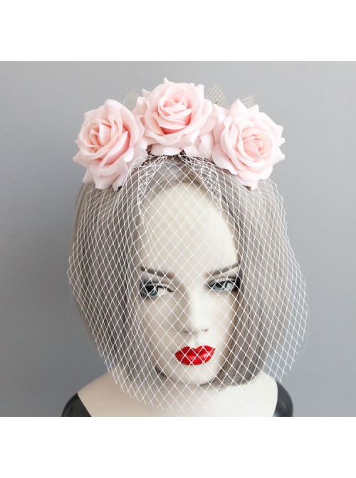 Fashion Personality Bride Bridesmaid Wedding Pink Mesh Rose Flower Blindfold Veil Headband