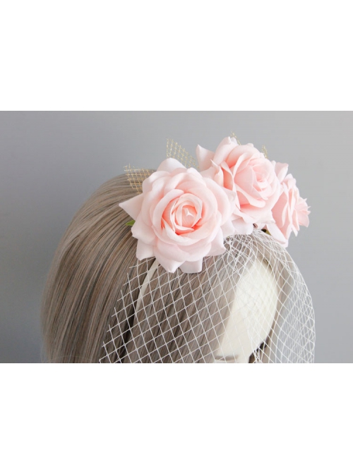 Fashion Personality Bride Bridesmaid Wedding Pink Mesh Rose Flower Blindfold Veil Headband