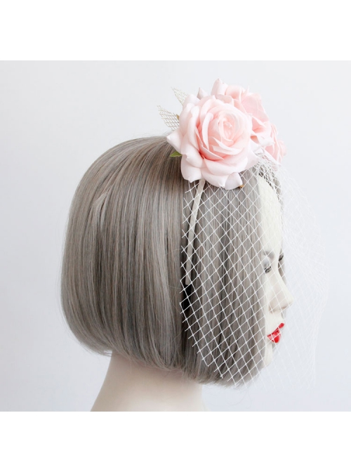 Fashion Personality Bride Bridesmaid Wedding Pink Mesh Rose Flower Blindfold Veil Headband