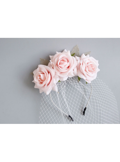Fashion Personality Bride Bridesmaid Wedding Pink Mesh Rose Flower Blindfold Veil Headband
