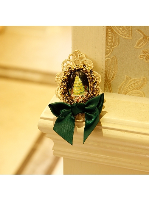 Fashion Dark Green Bow Christmas Tree Romantic Golden Lace Retro Handmade Brooch