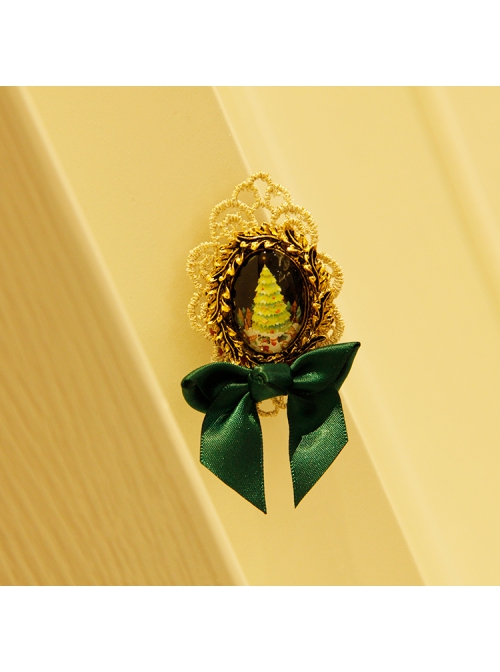 Fashion Dark Green Bow Christmas Tree Romantic Golden Lace Retro Handmade Brooch