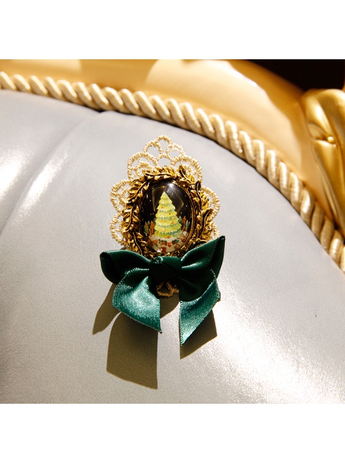 Fashion Dark Green Bow Christmas Tree Romantic Golden Lace Retro Handmade Brooch
