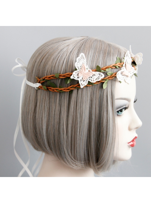 Fashion Leisure Vacation Seaside Beach White Lace Butterfly Rattan Hair Tie