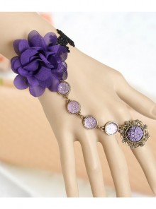 Retro Gothic Fashion Purple Flowers Black Lace Female Bracelet With Ring One Chain