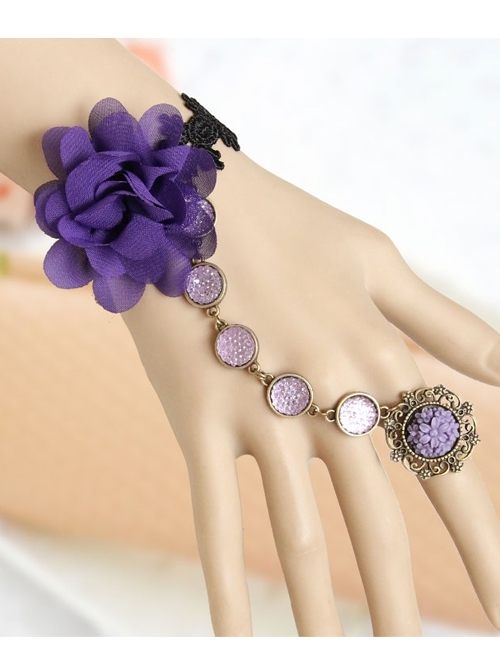Retro Gothic Fashion Purple Flowers Black Lace Female Bracelet With Ring One Chain