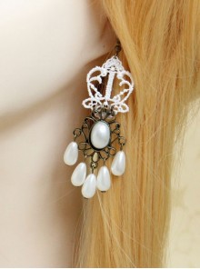 Fashion Baroque Retro Lady Exaggerated Pearl White Lace Bride Long Earrings