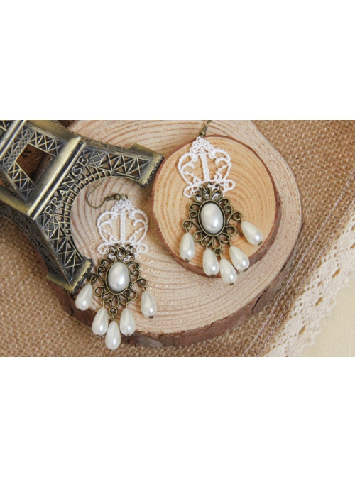 Fashion Baroque Retro Lady Exaggerated Pearl White Lace Bride Long Earrings