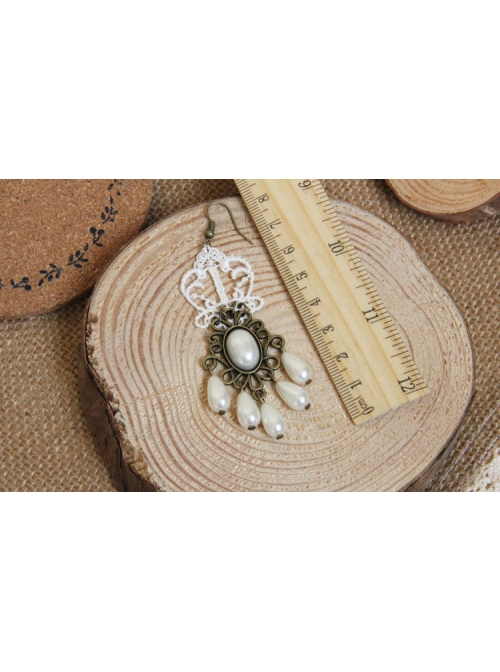 Fashion Baroque Retro Lady Exaggerated Pearl White Lace Bride Long Earrings