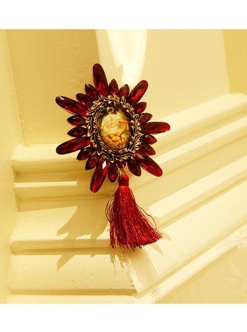 Fashion Retro Castle Illustration Red Tassel Diamond Creative Christmas Eve Brooch