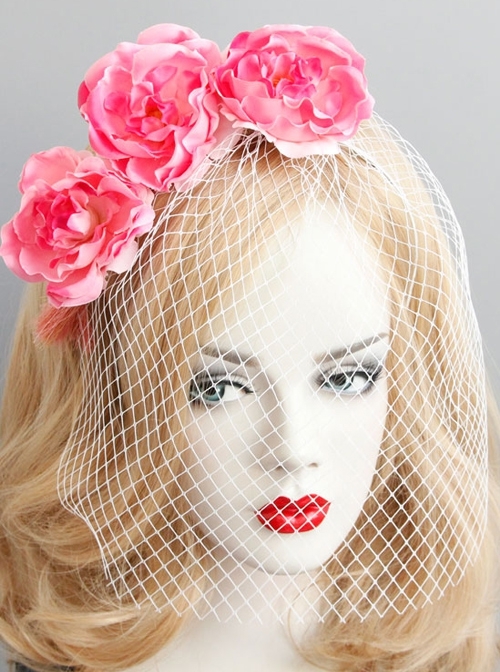 Fashion Personality Pink Flowers Sexy Party Show Veil Headband