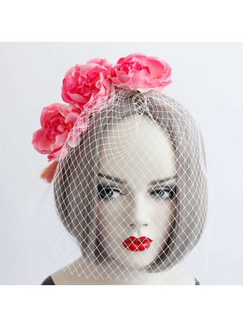 Fashion Personality Pink Flowers Sexy Party Show Veil Headband