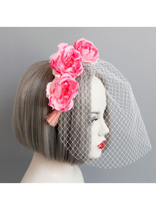 Fashion Personality Pink Flowers Sexy Party Show Veil Headband