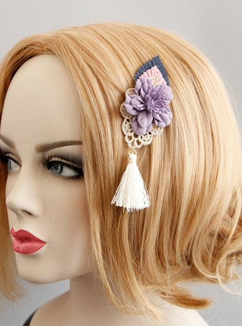 Retro Fashion White Tassels Purple Flowers Golden Lace Leaves Female Handmade Duckbill Clip Hairpin