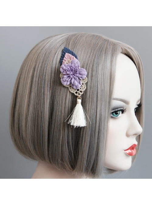 Retro Fashion White Tassels Purple Flowers Golden Lace Leaves Female Handmade Duckbill Clip Hairpin